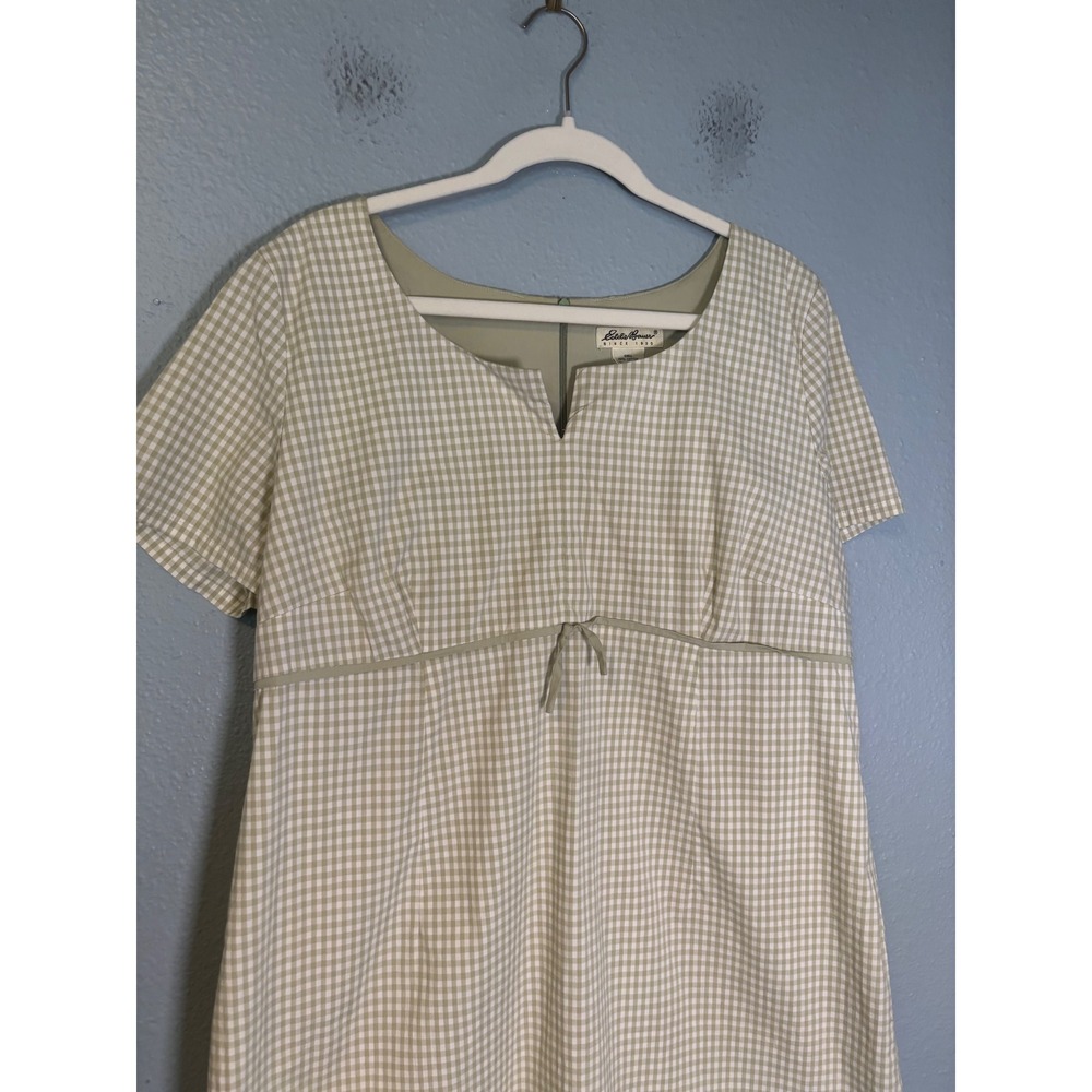 Vintage Eddie Bauer Sage Green Gingham Empire Waist Dress Petite 18 Cotton - Picture 3 of 7